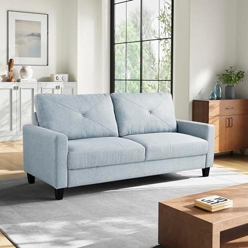 Serta® Lindbergh 70.5" Modern Transitional Sofa, Tufted Back Cushion, Square Track Arms, Solid Wood Legs, Dream Coil® Comfort, Woven Polyester Fabric, Light Gray